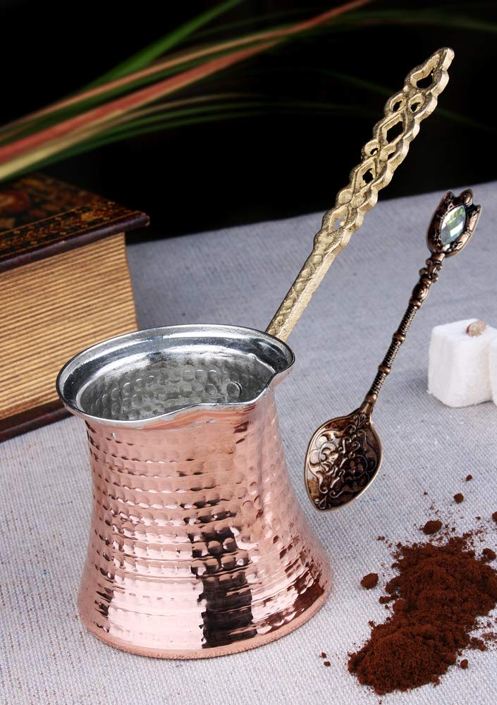 BSRN Turkish Coffee Pot and Copper Spoon Set - 9 Oz Thick 2mm Antique Copper Looking - Stove top Coffee Maker Cezve with Copper Handle & Copper Spoon - for 3 People - Image 4